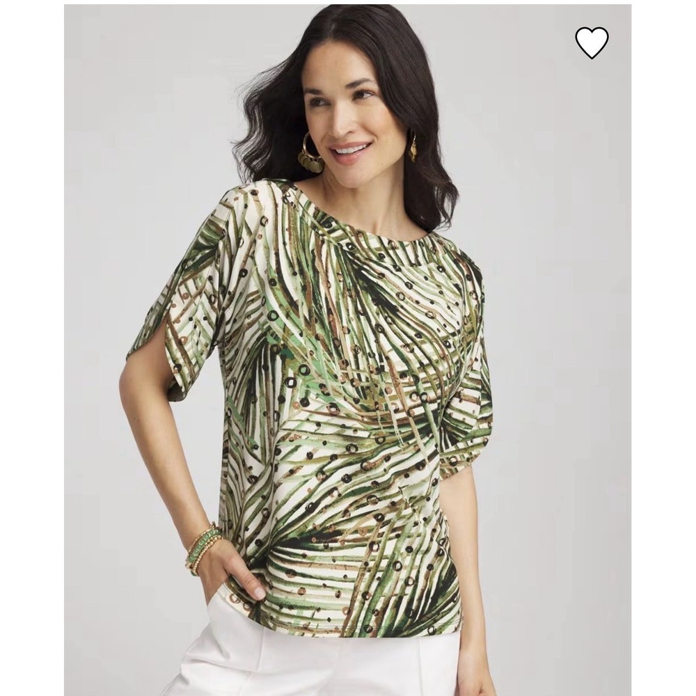Chicos Palm Frond Motif Jersey Top Womens 1 US M Green Brown Short Dolman Sleeve
